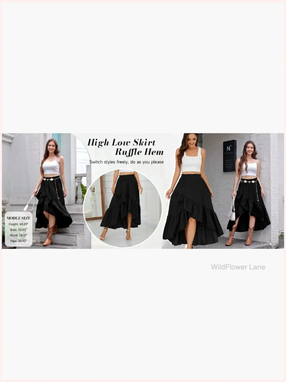 Western Boho Ruffle Maxi Skirt Asymmetrical High Low Flowy Midi - Picture 7 of 7